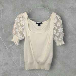 French Connection White Knit Top with Sheer Puff Flower Sleeves Size XL